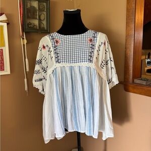 Lavish Floral Embroidered Blue and White Blouse